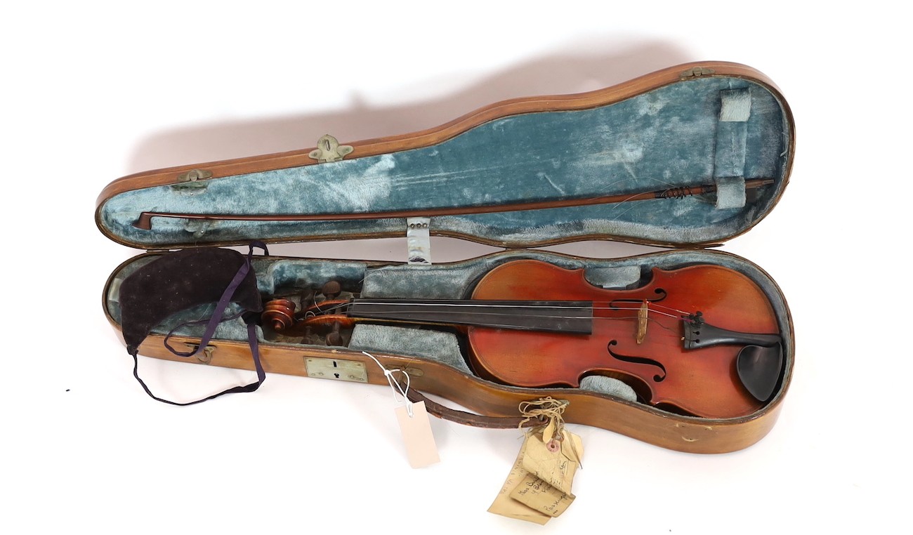 W.E.Hill & Son. An early 20th century violin bow, 74cm, violin back 37cm, overall is 59cm